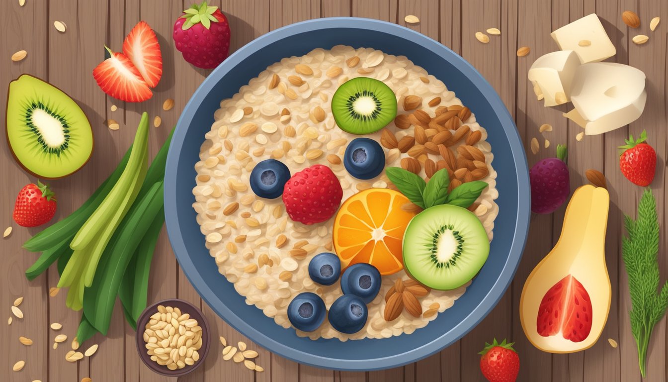 A colorful bowl of oatmeal surrounded by a variety of fiber-rich foods like fruits, vegetables, and whole grains on a wooden table