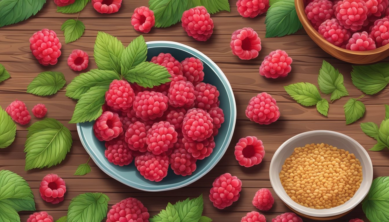 A bowl of fresh raspberries surrounded by other fiber-rich foods on a wooden table