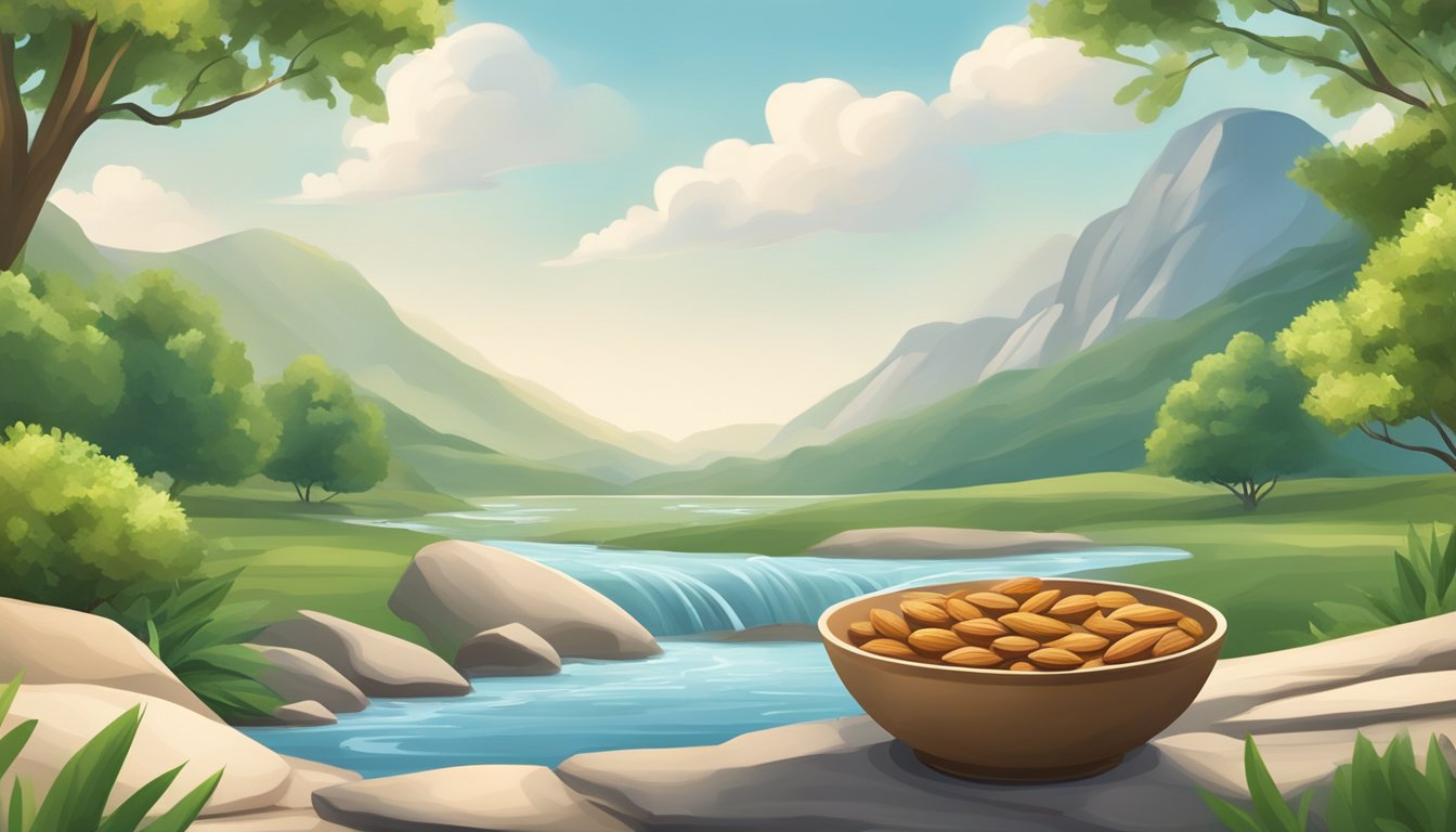 A serene landscape with a bowl of almonds surrounded by calming elements like flowing water and greenery