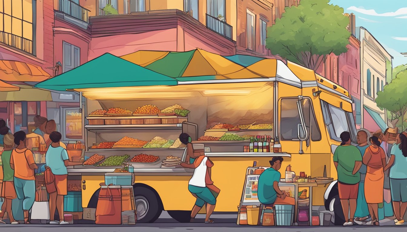 A bustling taco truck surrounded by colorful food vendors at a vibrant street market. The air is filled with the sizzle of grilling meat and the aroma of fresh salsa