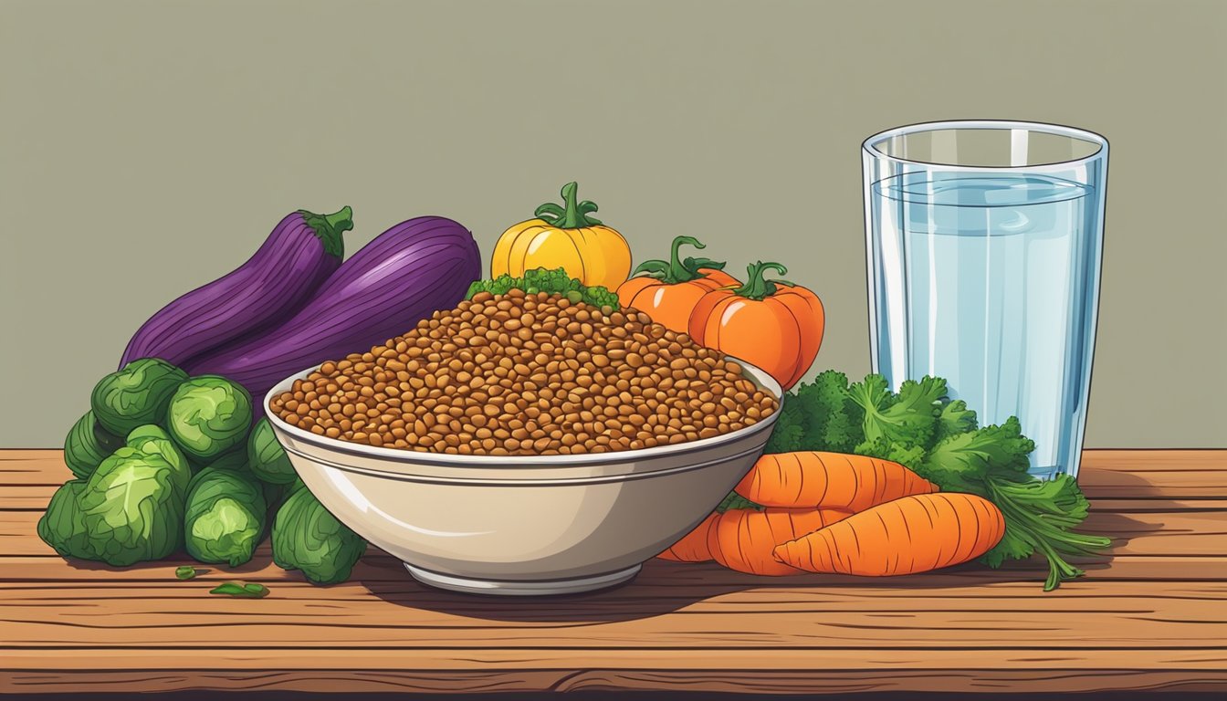 A colorful bowl of lentils surrounded by fresh vegetables and a glass of water on a wooden table