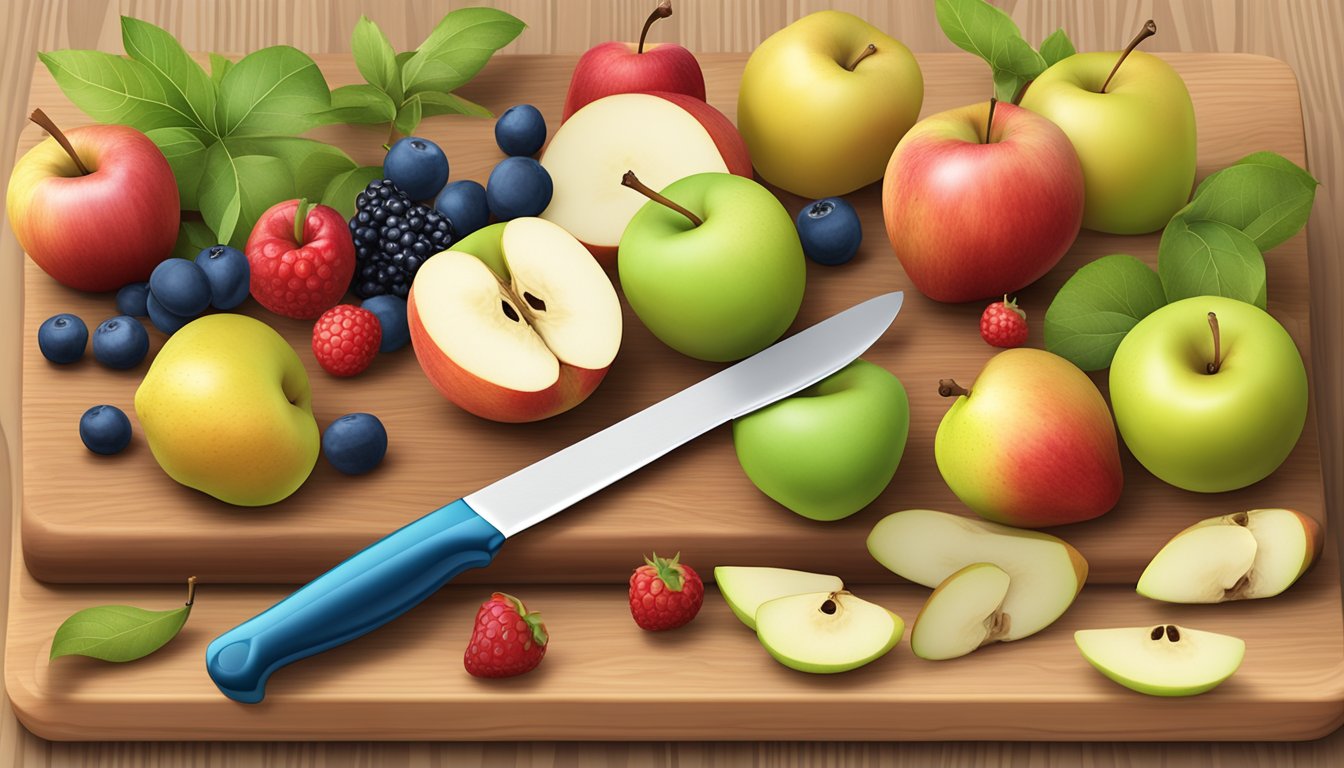 A colorful array of apples, pears, and berries displayed on a wooden cutting board with a knife, representing fiber-rich foods for relieving toddler constipation