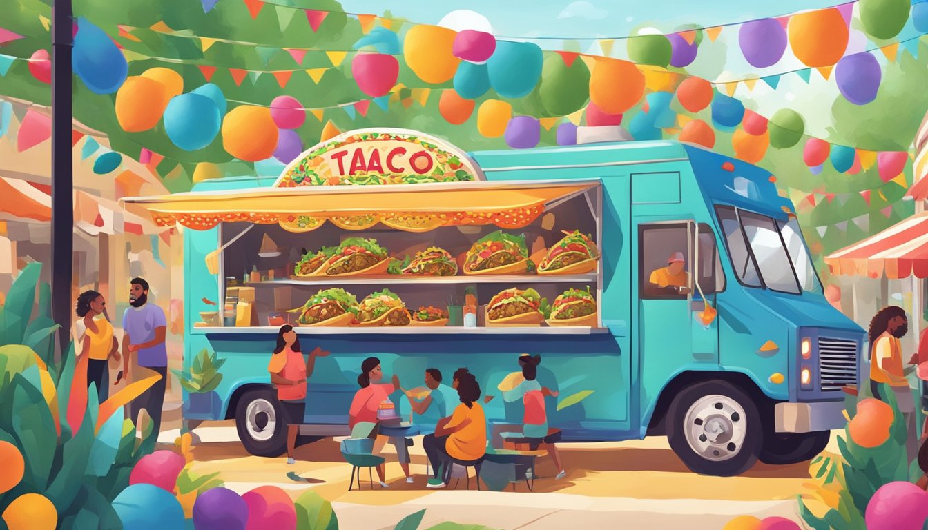 A festive taco truck surrounded by colorful decorations and people enjoying tacos