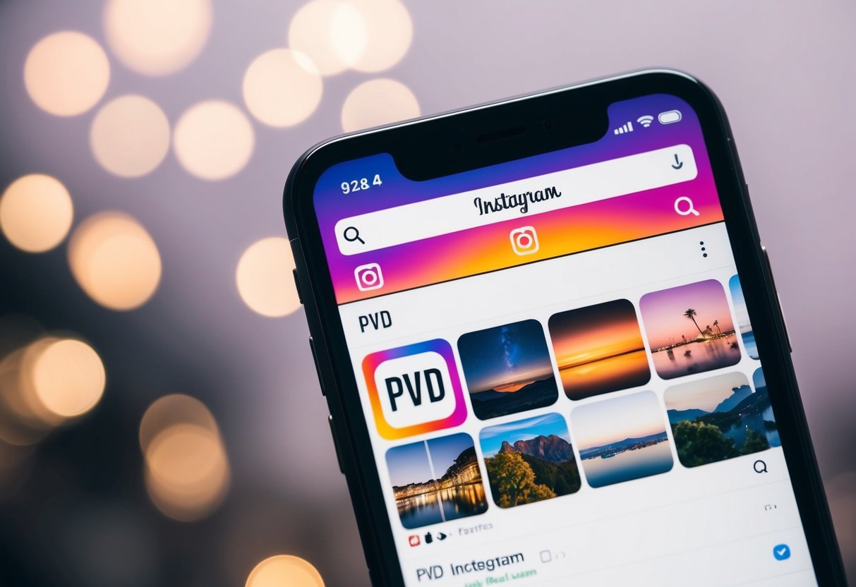 Um smartphone com o aplicativo do Instagram aberto, exibindo a barra de pesquisa com "PVD" digitado e vários resultados de pesquisa abaixo.