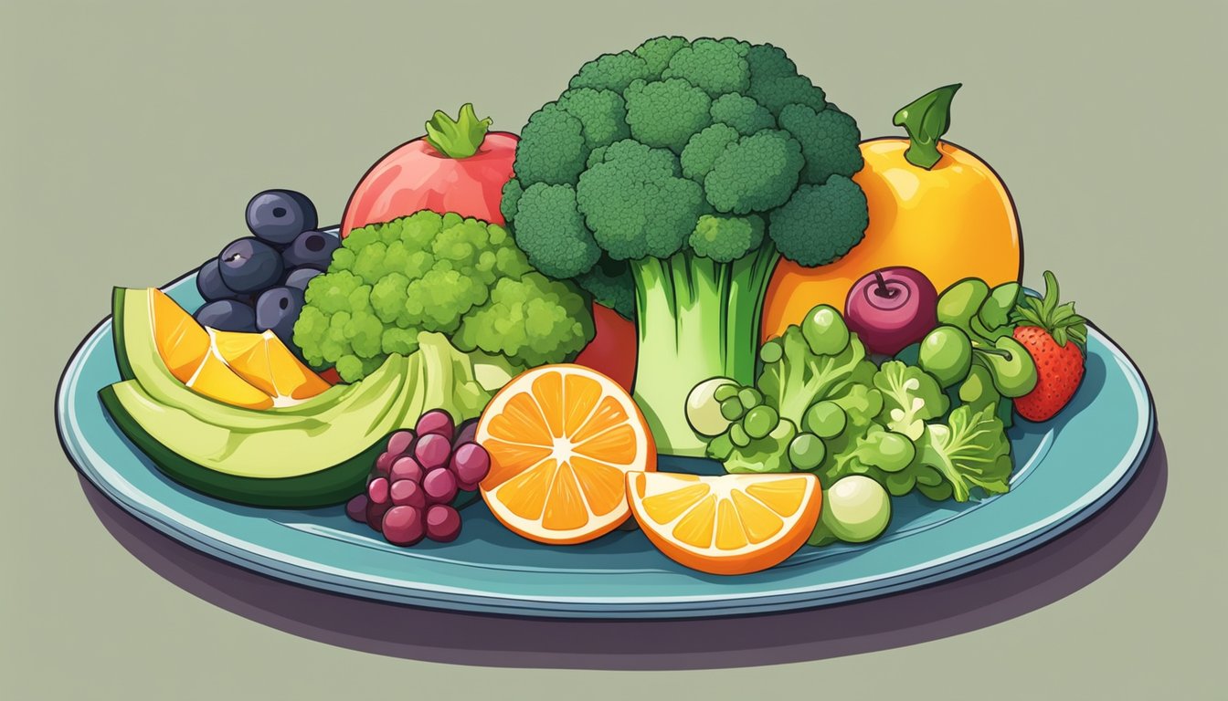 A colorful plate with broccoli, whole grains, and fruits arranged in a playful and inviting manner