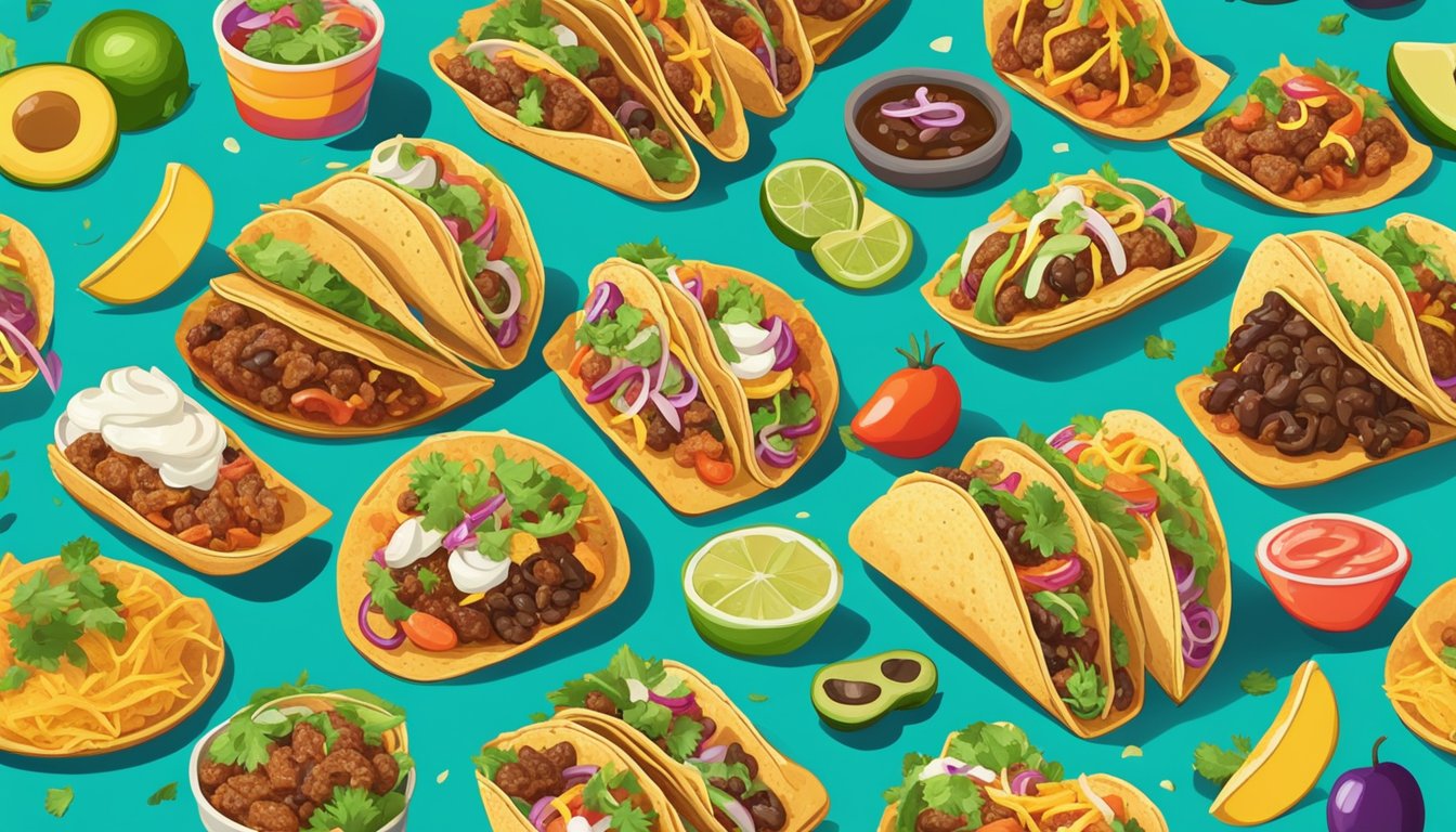 A colorful array of tacos from different regions, each with unique fillings and toppings, arranged on a vibrant table