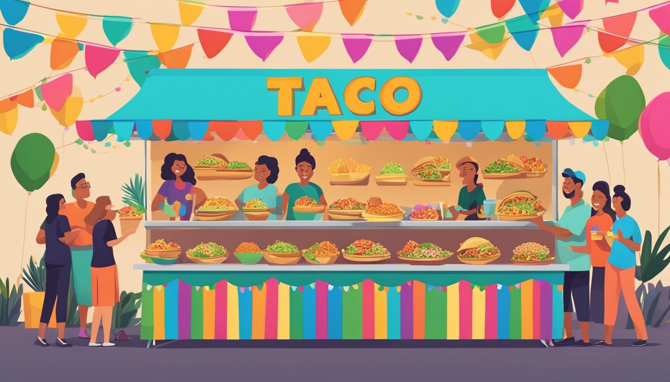 A festive taco stand with colorful decorations and a variety of taco fillings, surrounded by people enjoying the celebration