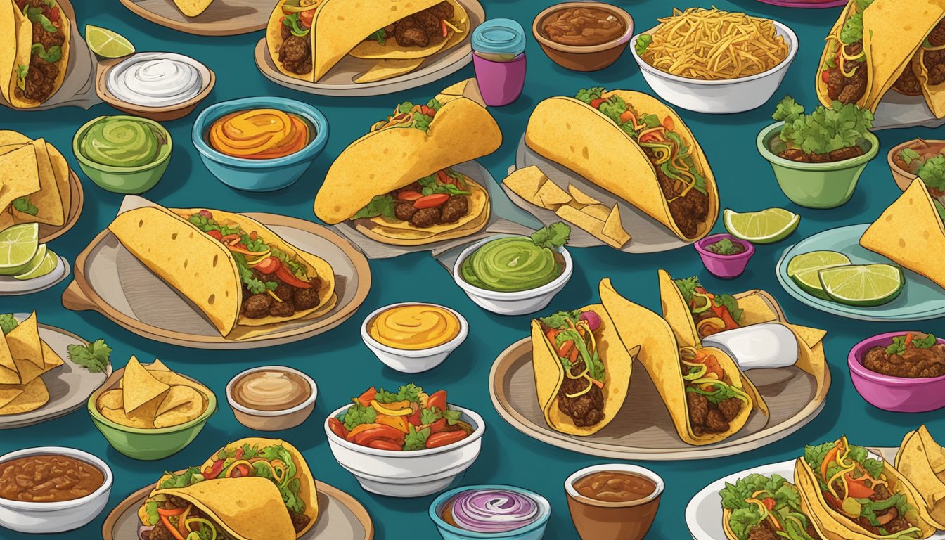 A colorful array of tacos, from traditional to modern, fill a festive table surrounded by historical images of taco innovations