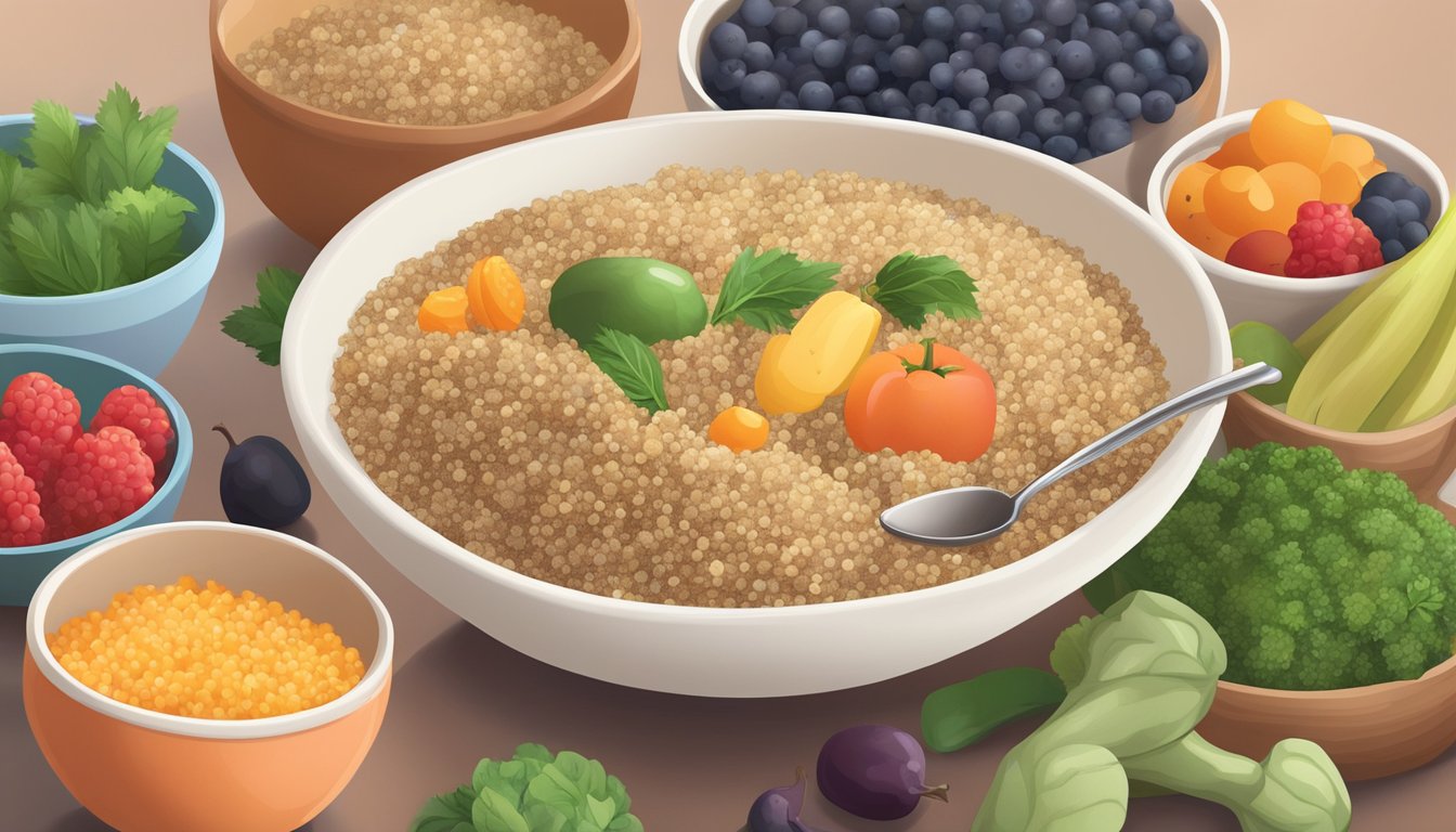 A bowl of cooked quinoa surrounded by a variety of fiber-rich fruits and vegetables, with a toddler-sized spoon nearby