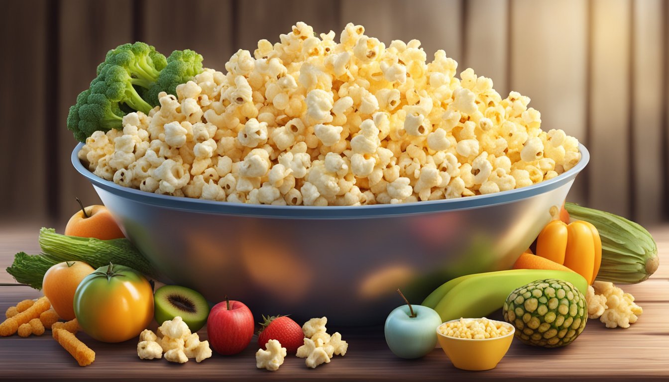 A bowl of popcorn surrounded by various fiber-rich foods, such as fruits and vegetables, on a wooden table