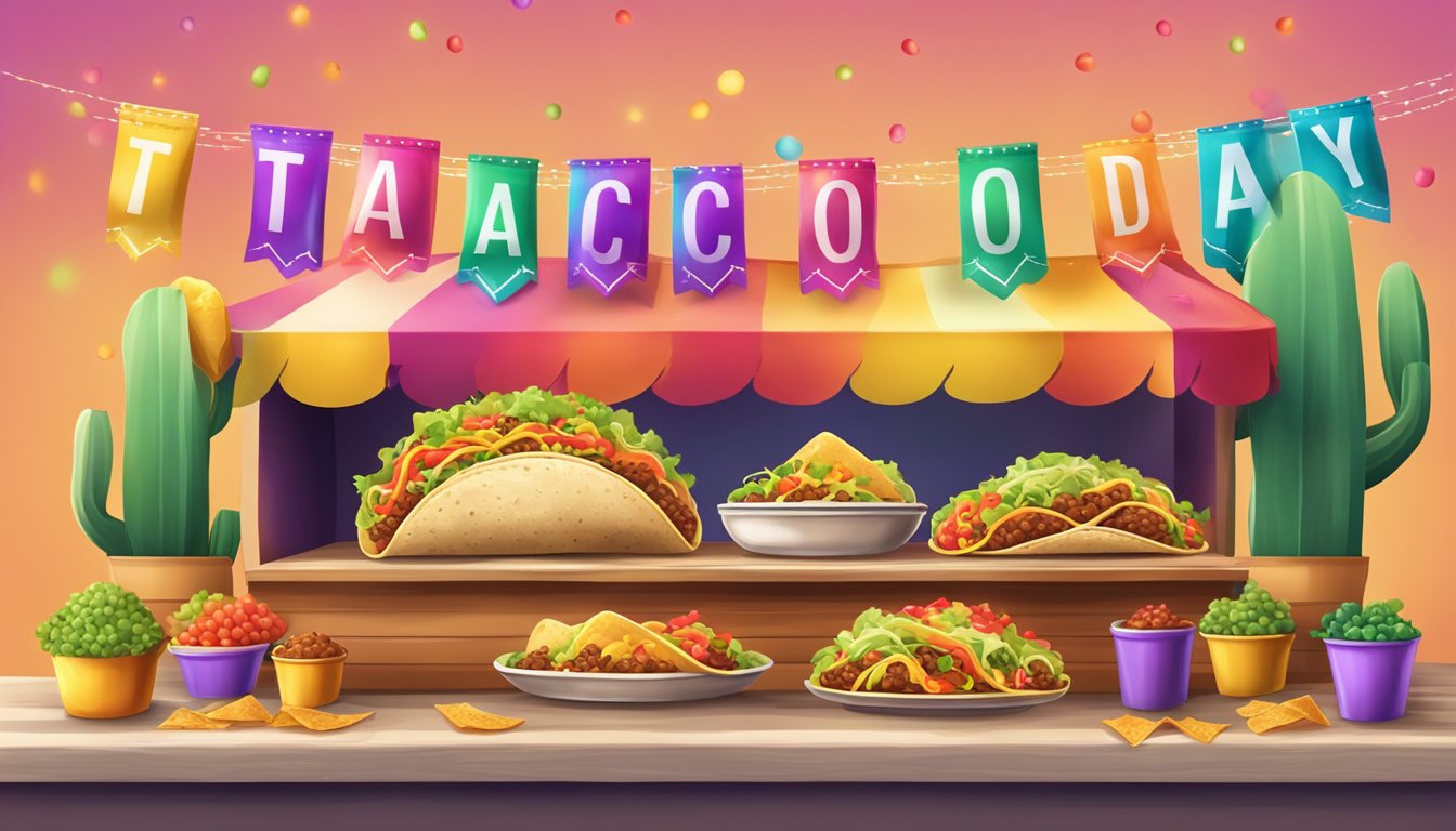 A festive taco stand with colorful decorations and a banner celebrating National Taco Day