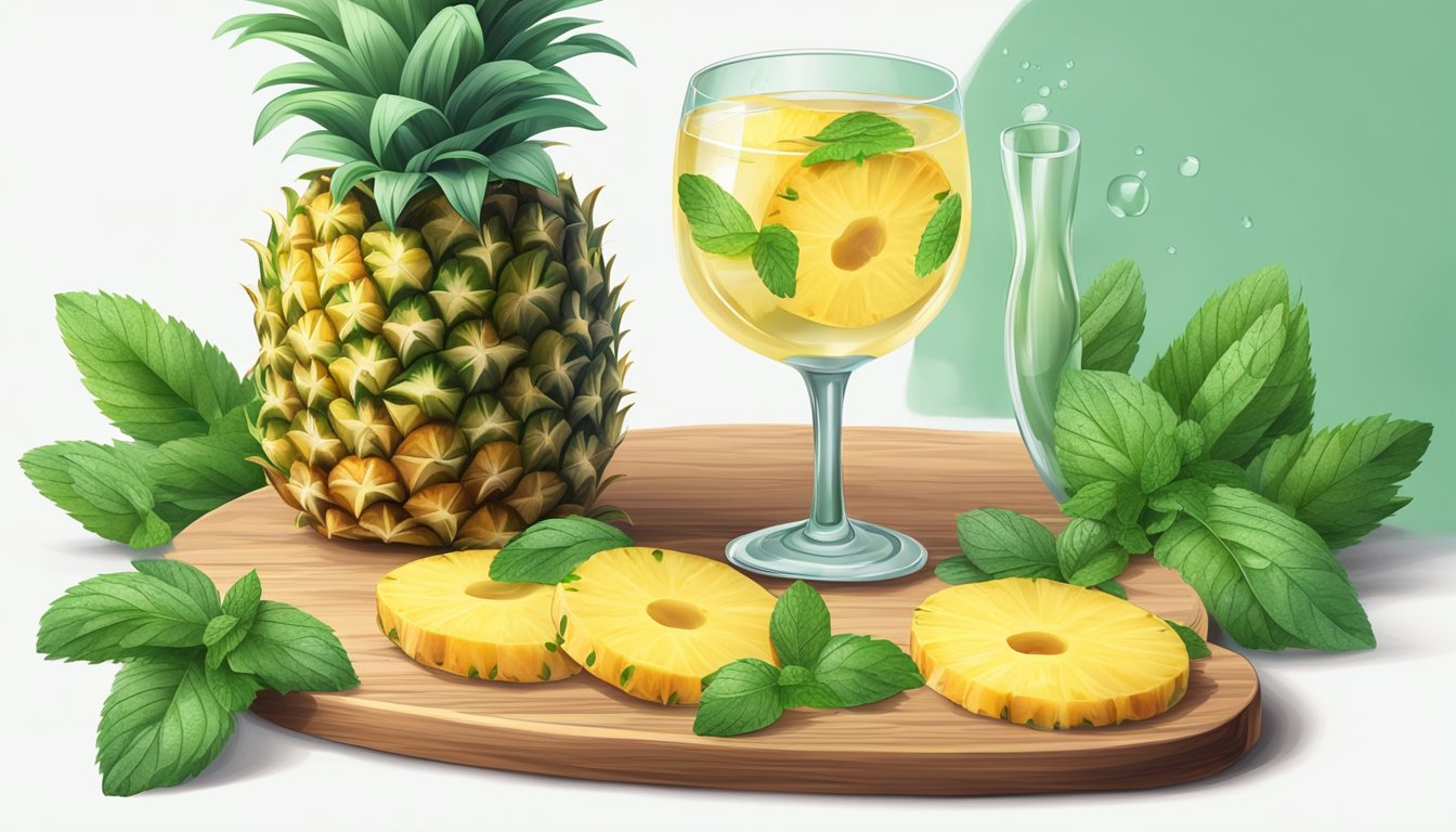 Fresh pineapple slices arranged on a wooden cutting board, surrounded by mint leaves and a glass of water