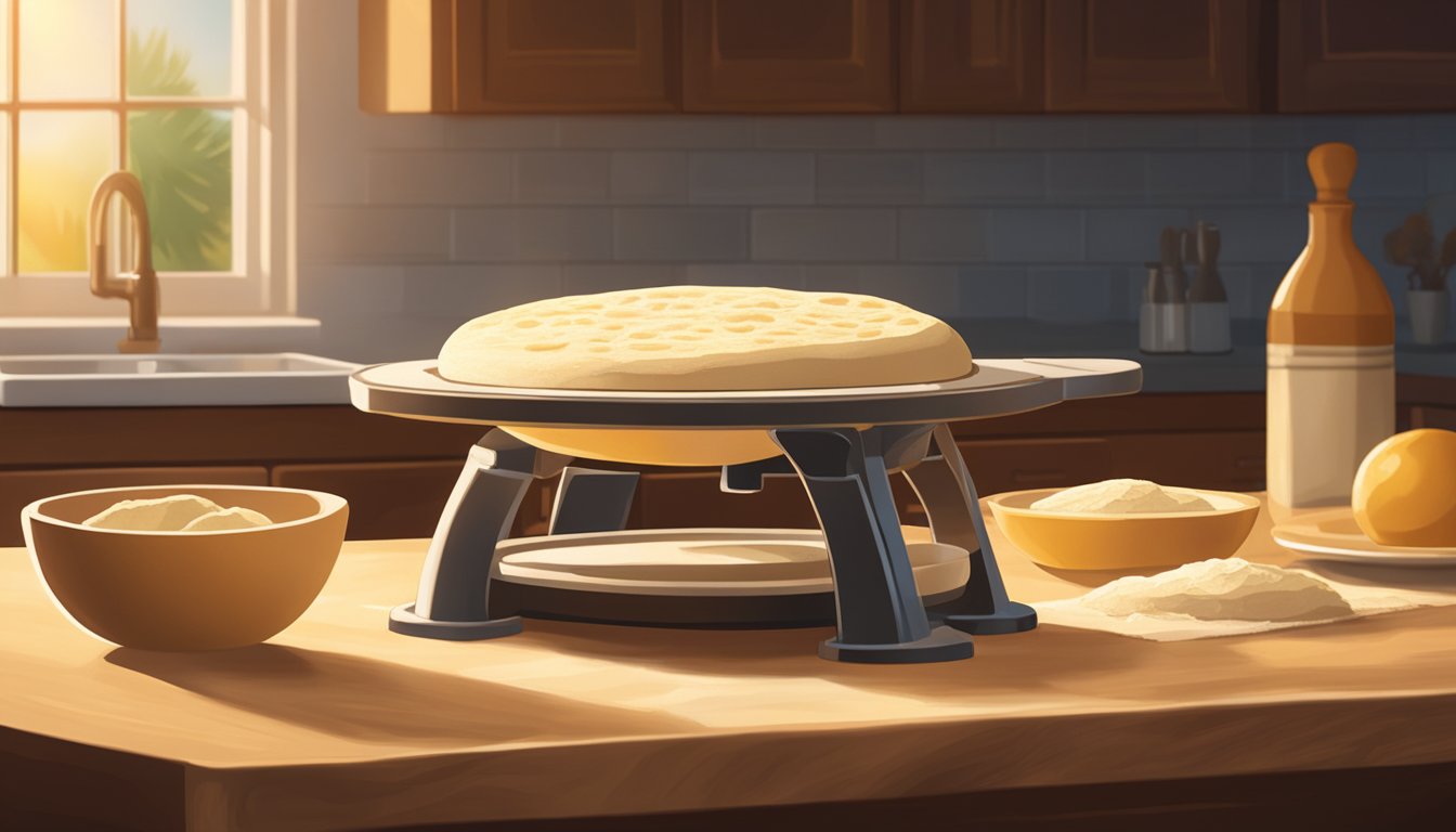 A wooden tortilla press sits on a kitchen counter, next to a stack of fresh masa dough and a bowl of flour. A warm, golden light filters in through the window, casting a soft glow on the scene