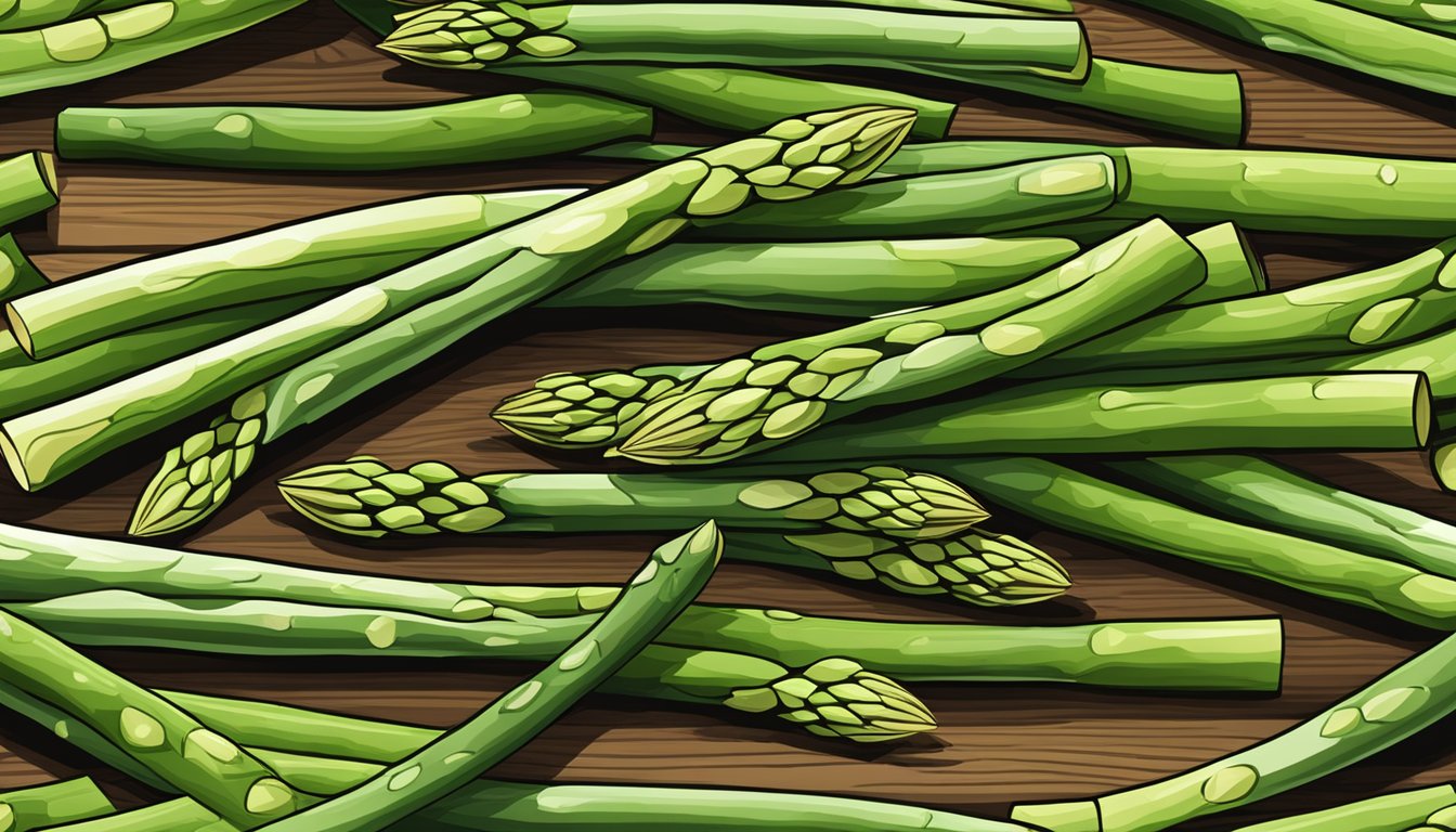 A bunch of fresh asparagus spears arranged on a wooden cutting board with a few whole spears and some cut into smaller pieces