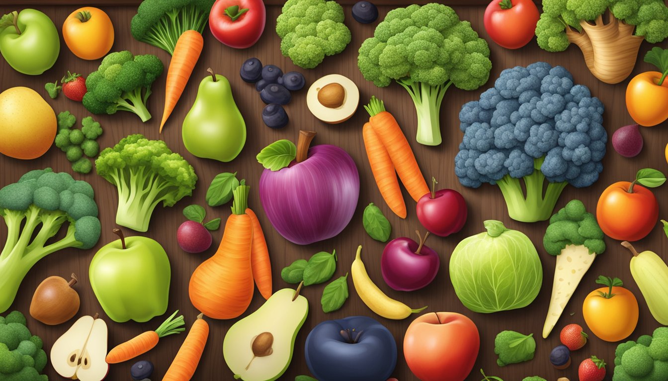 A colorful array of fiber-rich fruits and vegetables, such as apples, pears, broccoli, and carrots, arranged on a wooden cutting board