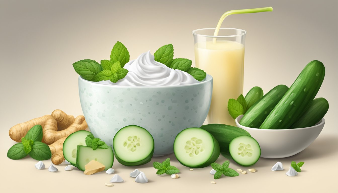 A bowl of plain Greek yogurt surrounded by ingredients like cucumber, ginger, and mint, with a soothing, calming atmosphere