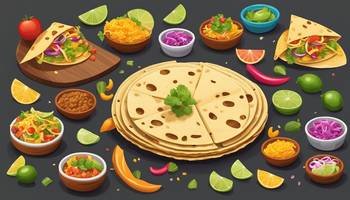 A wooden tortilla press surrounded by vibrant, freshly made taco shells and an assortment of colorful toppings