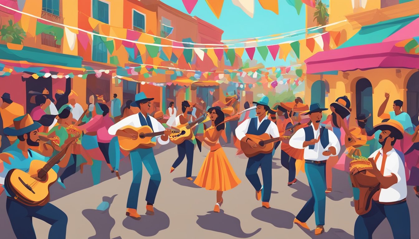 A lively street festival with colorful decorations, mariachi bands, and people enjoying tacos while dancing to the upbeat rhythms of Tejano music