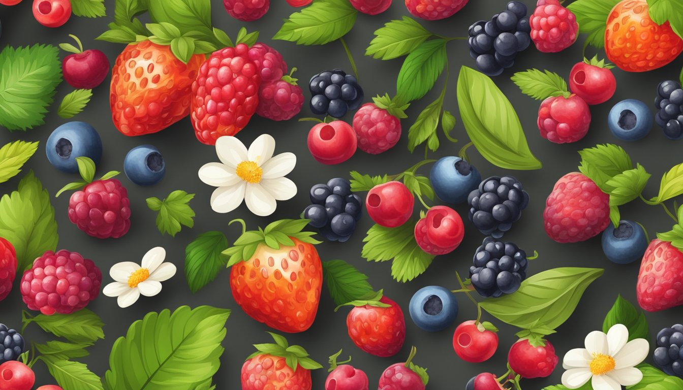 A colorful assortment of ripe berries arranged on a wooden cutting board, surrounded by fresh green leaves and blooming flowers