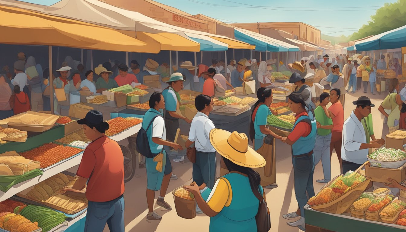 A bustling market on the Texas-Mexico border, with vendors selling tacos and exchanging goods, reflecting the rich history of economic and cultural exchange