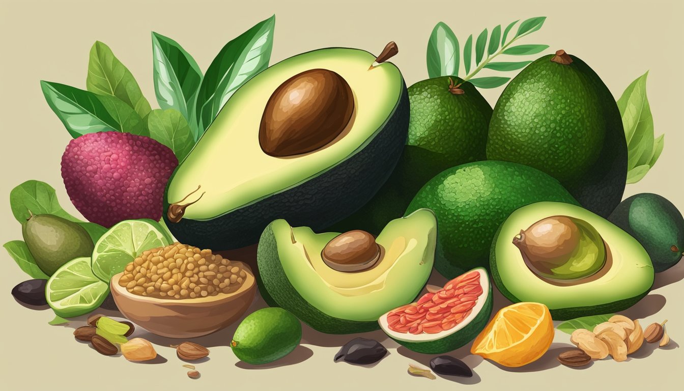 A pile of ripe avocados surrounded by aphrodisiac foods and sensual objects