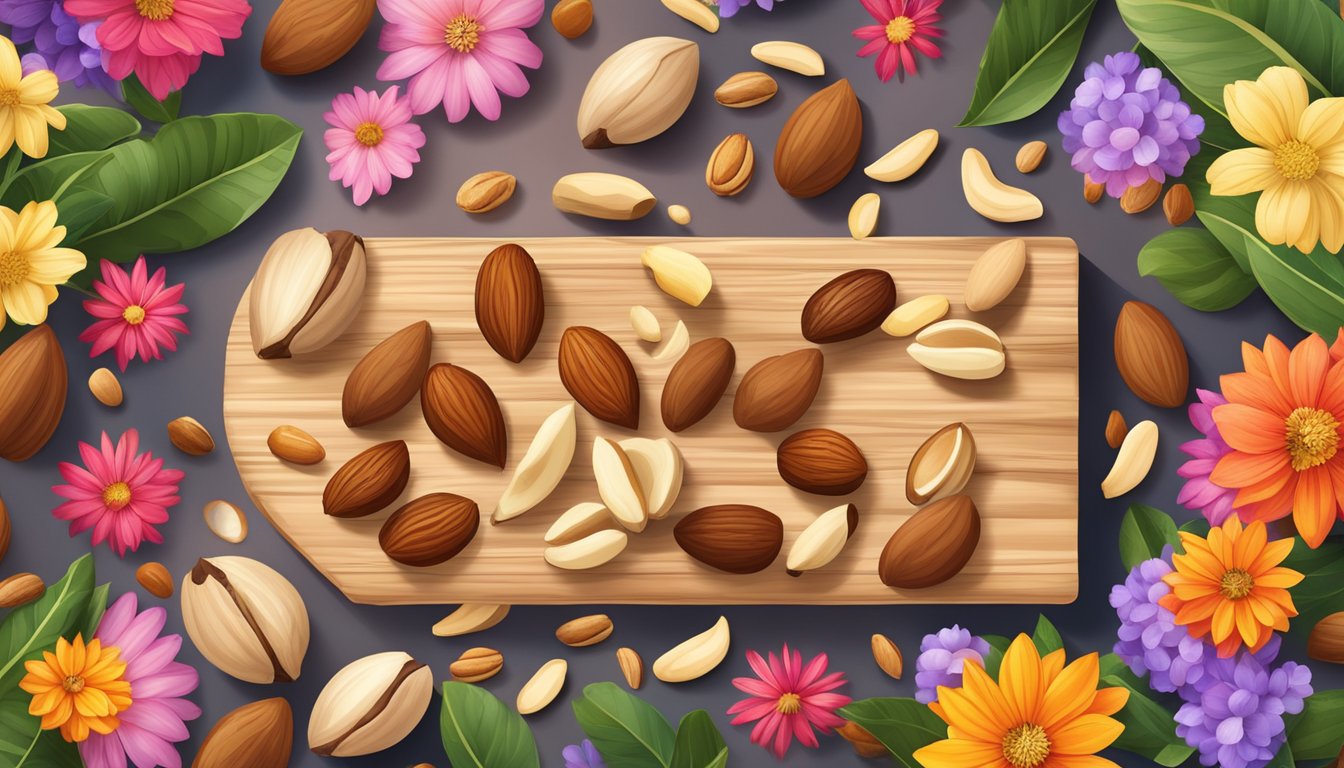 A variety of nuts and seeds scattered on a wooden table, surrounded by vibrant flowers and a soft, natural light shining down