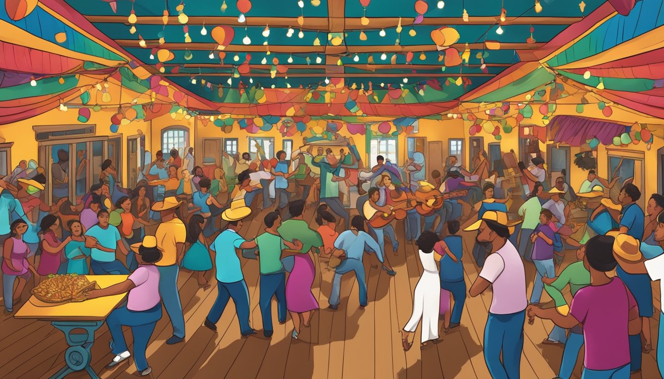 A lively dance hall with colorful decorations, taco vendors, and a stage with musicians performing traditional Tejano music in Texas