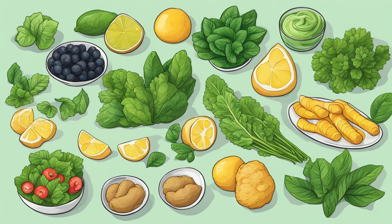 A colorful array of anti-bloating foods arranged on a table, including ginger, peppermint, and leafy greens