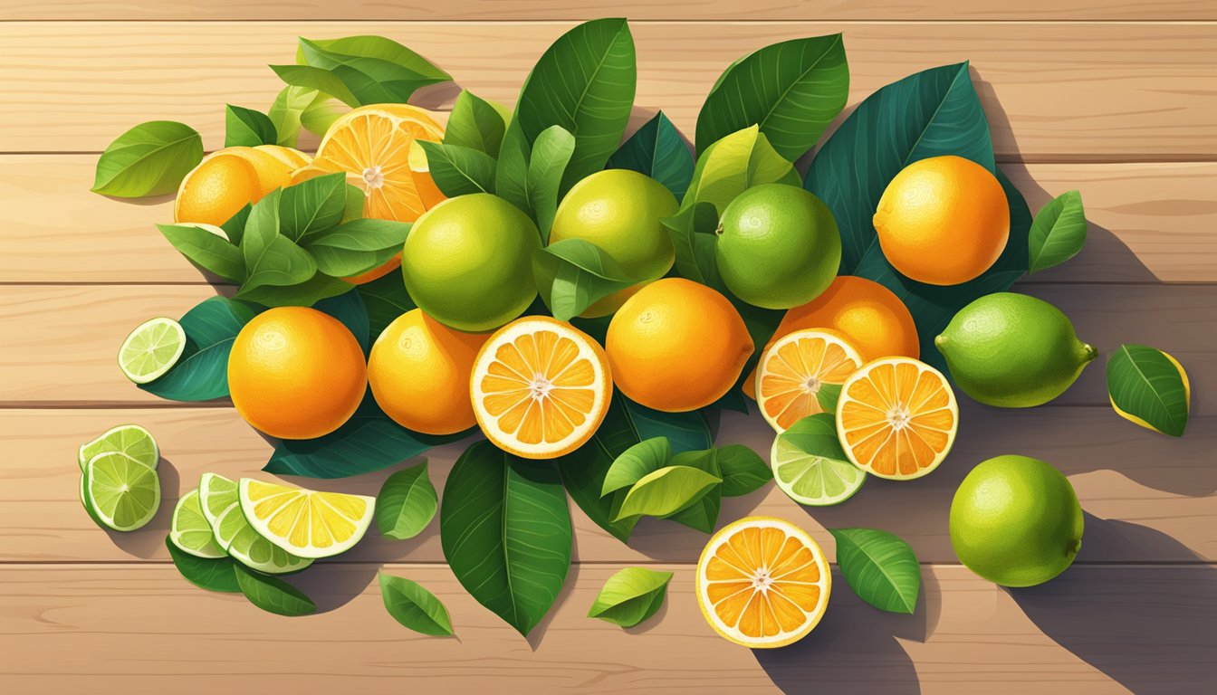 A vibrant display of ripe citrus fruits arranged on a wooden table, surrounded by lush green leaves and dappled sunlight