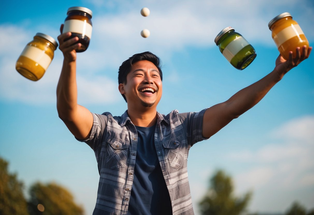 Um alegre malabarista alegremente malabarizando potes e jarros