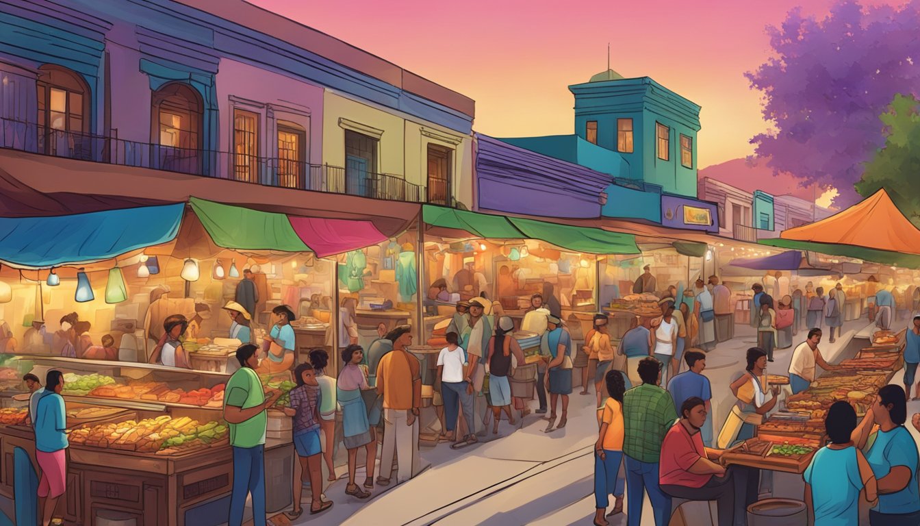 A bustling Texan street market with colorful taco stands and live tejano music performances, showcasing the fusion of Mexican and American cultures