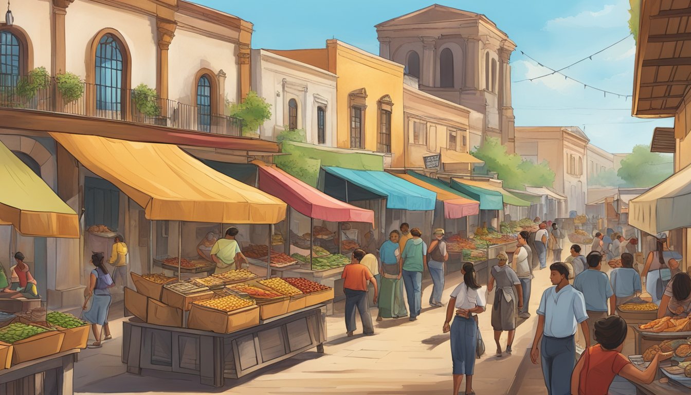 A bustling street market with colorful food stalls and a historic mission in the background, showcasing the rich history of tacos in the Texas borderlands