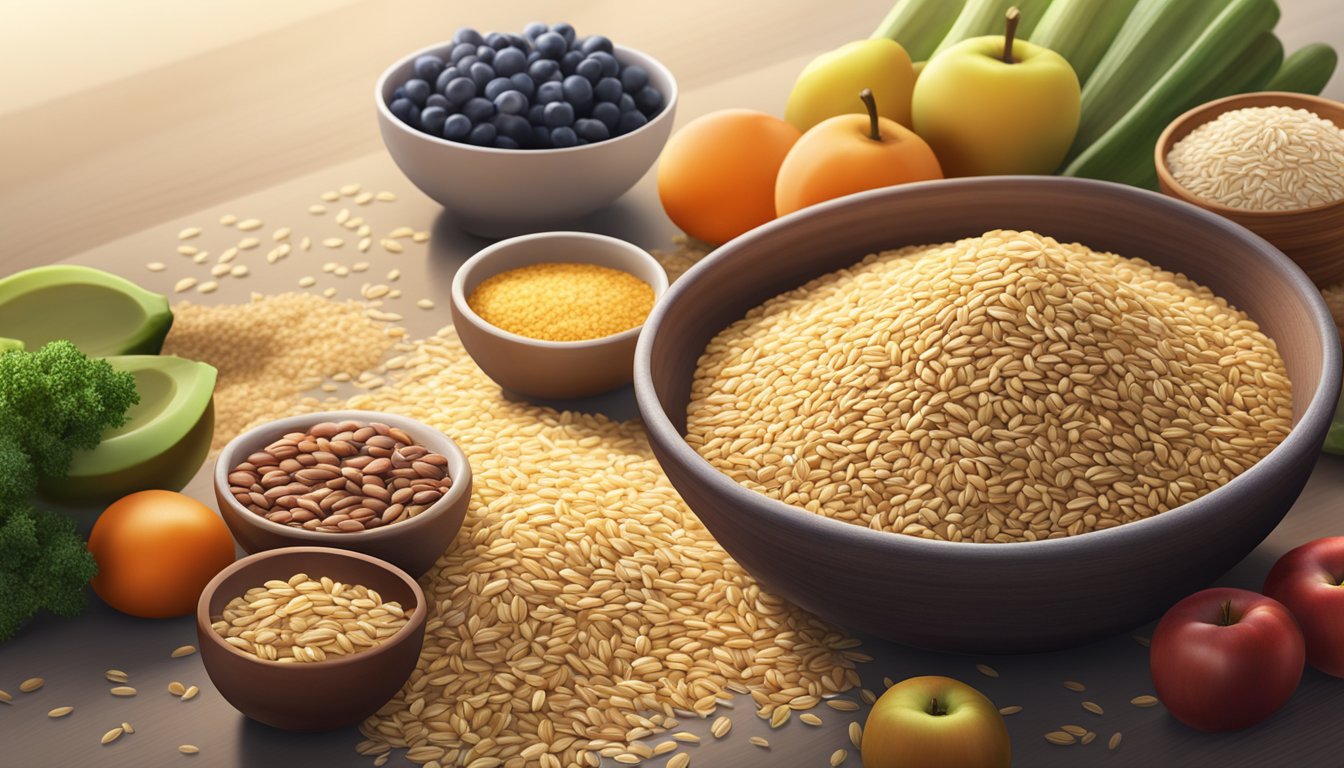 A table scattered with whole grains such as quinoa, brown rice, and oats, surrounded by fresh fruits and vegetables, with a soft natural light shining down