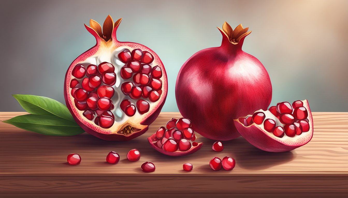 A ripe pomegranate split open, revealing glistening ruby seeds spilling out onto a rustic wooden table