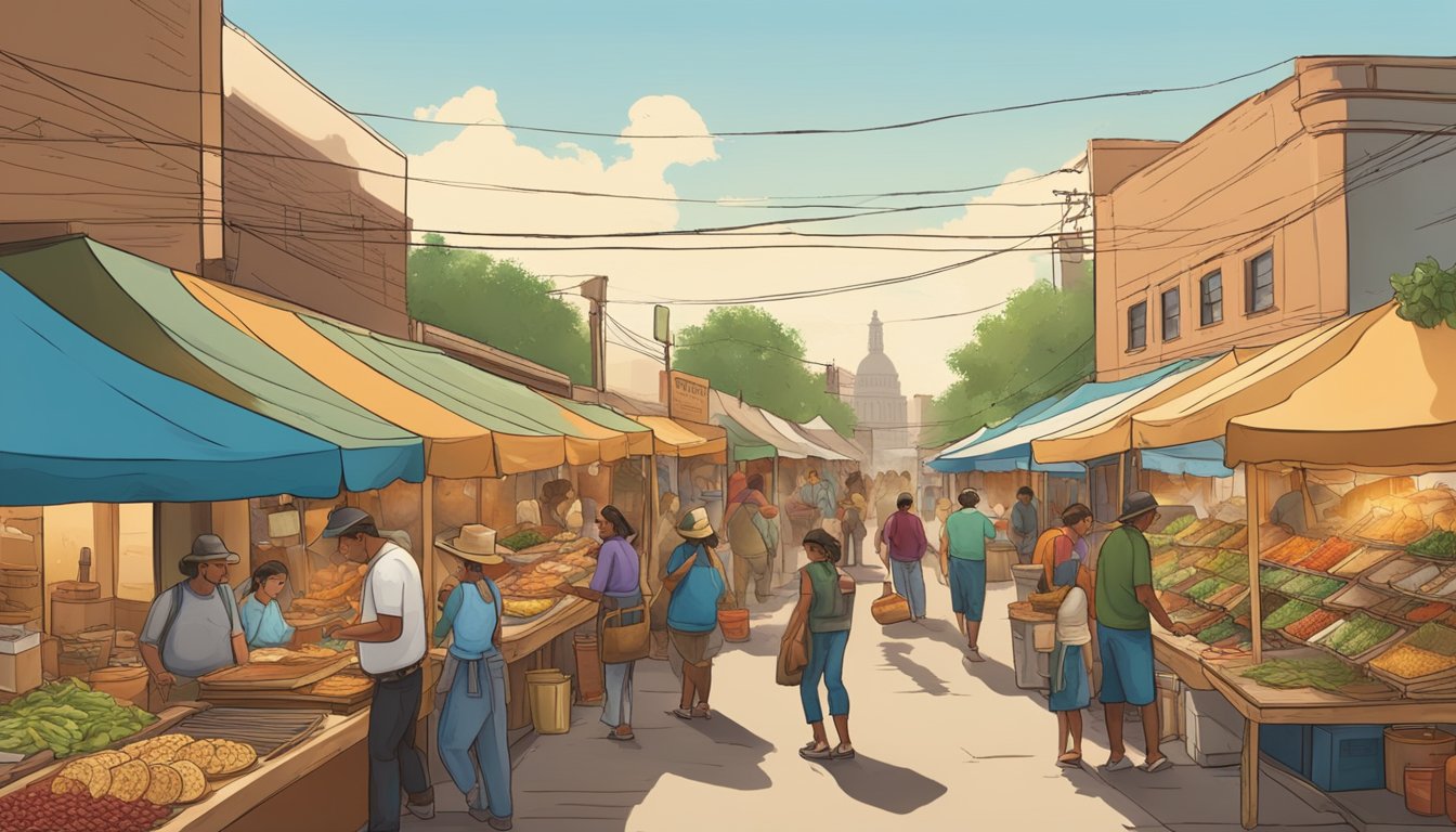 A bustling street market in the Texas borderlands, with vendors selling regional variations of tacos. A mix of Tex-Mex and traditional Mexican ingredients fill the air with mouthwatering aromas