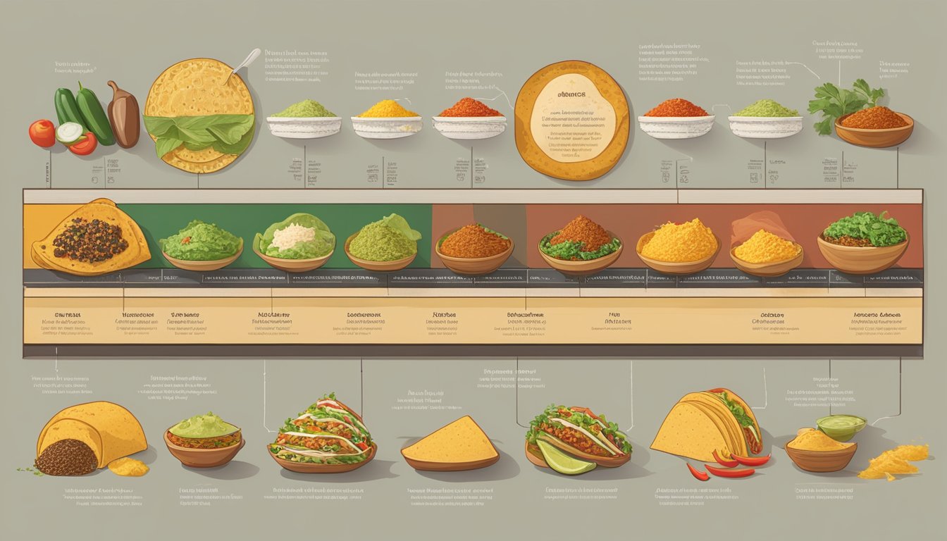 A timeline of Mexican history with depictions of key ingredients evolving into modern taco fillings