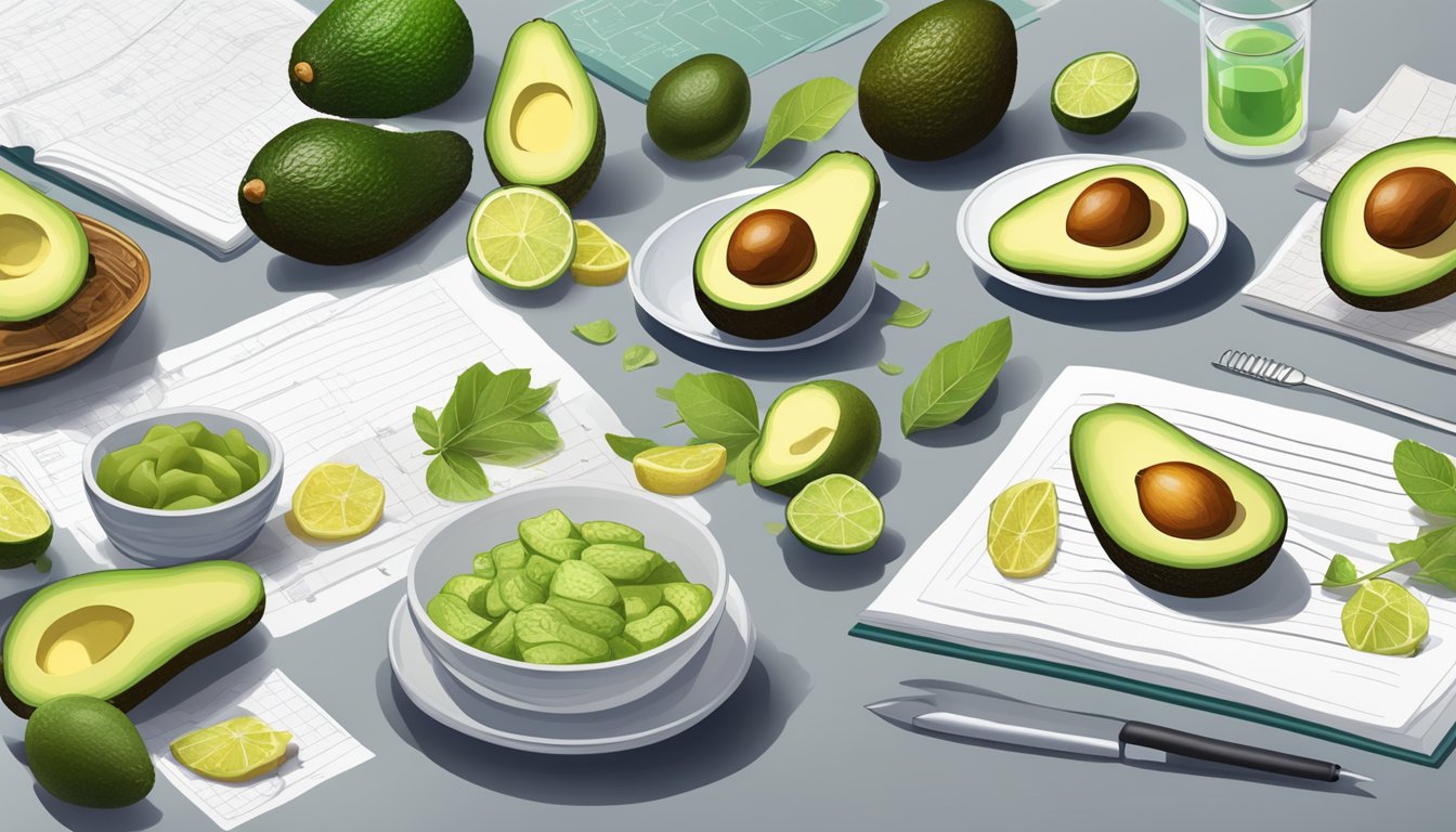 A table spread with various avocado dishes, surrounded by scientific research papers on belly fat burning