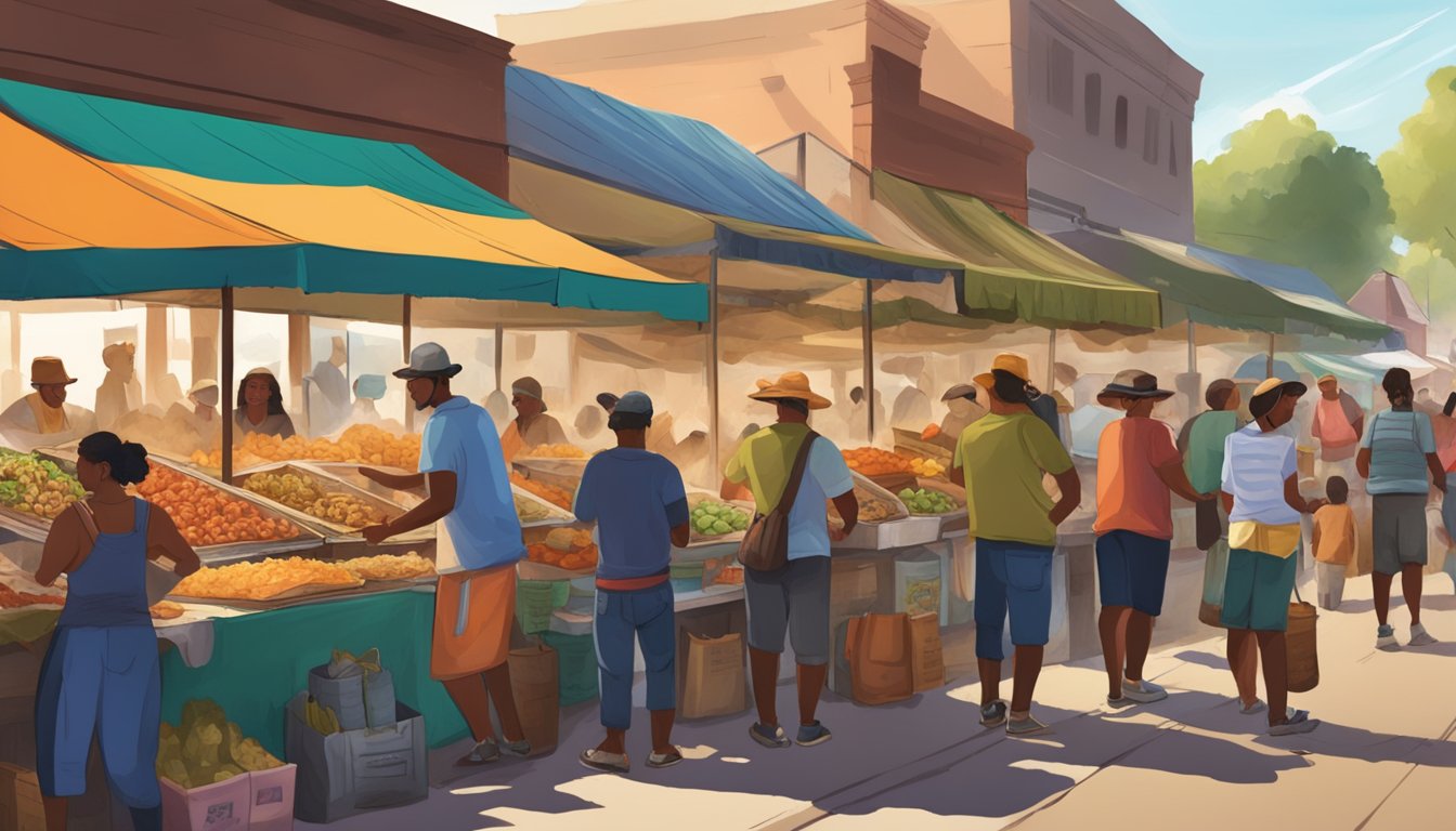 A bustling street market in the Texas borderlands, with vendors selling a variety of tacos and locals enjoying the diverse and flavorful cuisine