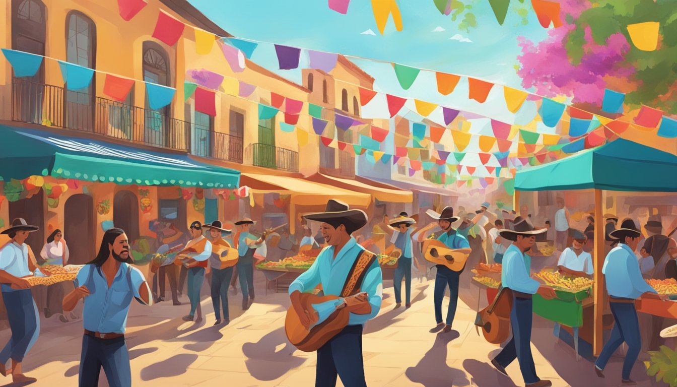 A lively street festival with colorful decorations, mariachi bands, and vendors selling traditional tacos in the Tejano community of Texas