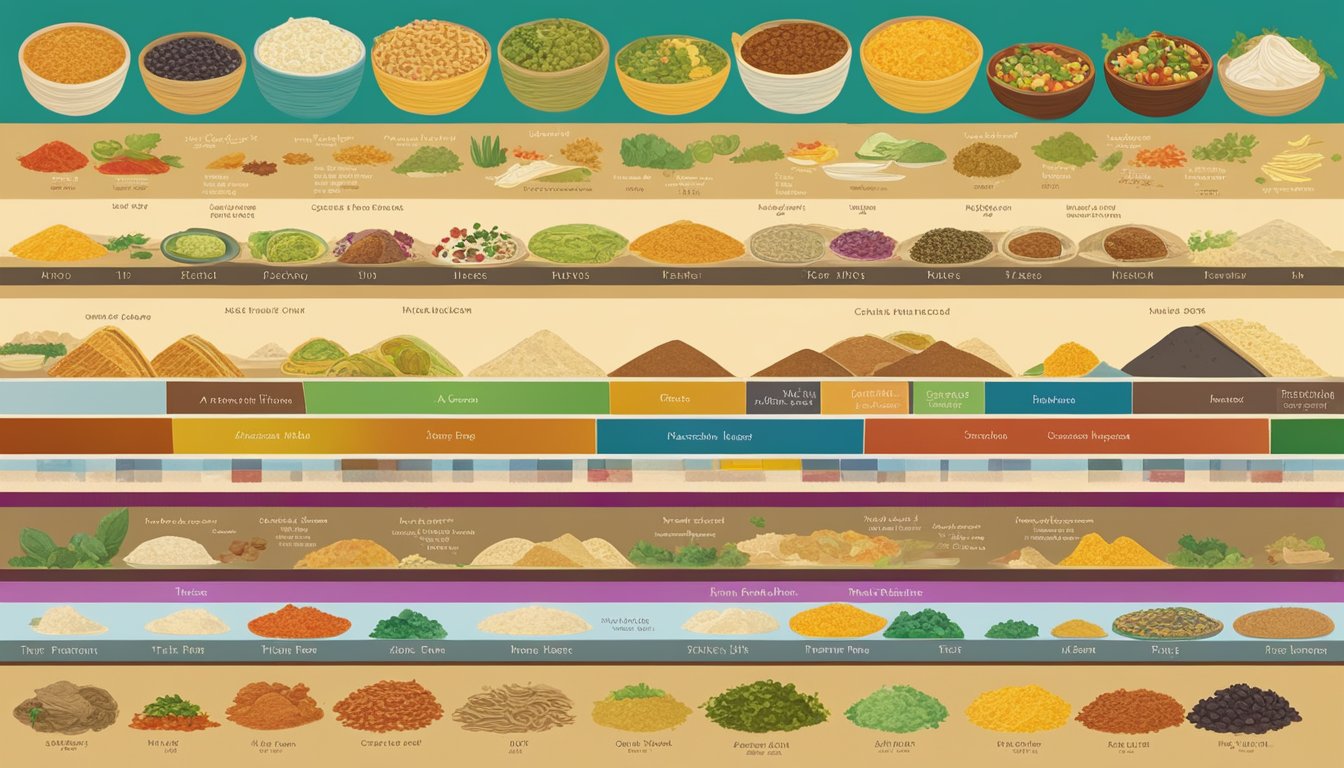 A colorful timeline of taco fillings from ancient to modern Mexico. Ingredients and flavors evolve through the ages, reflecting the rich culinary history of the country