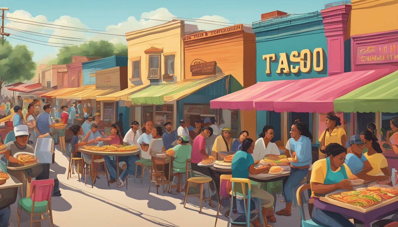 A bustling Texan street scene with colorful taco stands and lively Tejano music playing, showcasing the fusion of food and music in popular culture