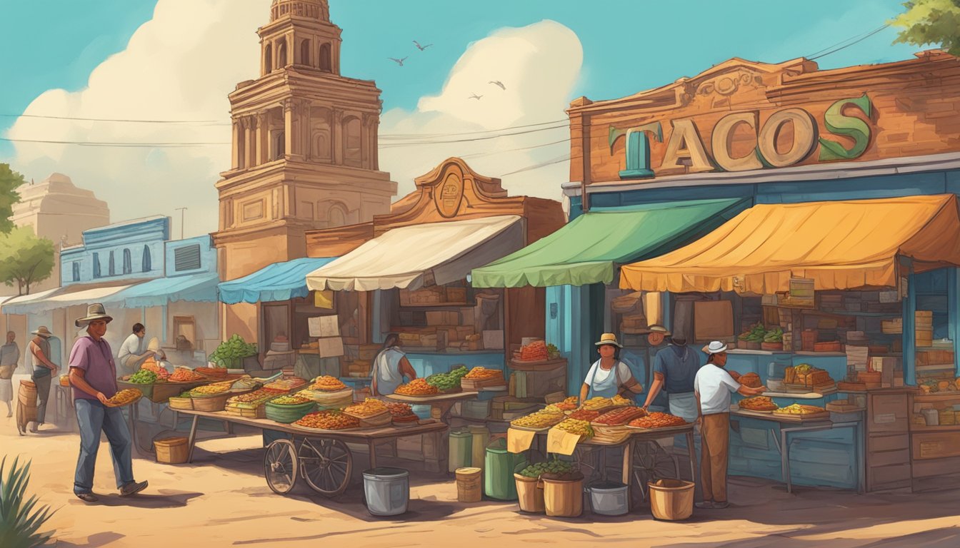 A colorful market scene with vendors selling tacos and historical landmarks in the Texas borderlands