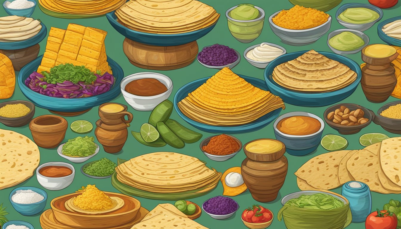 A colorful timeline of Mexican ingredients, from ancient to modern, surrounding a central stack of fresh tortillas