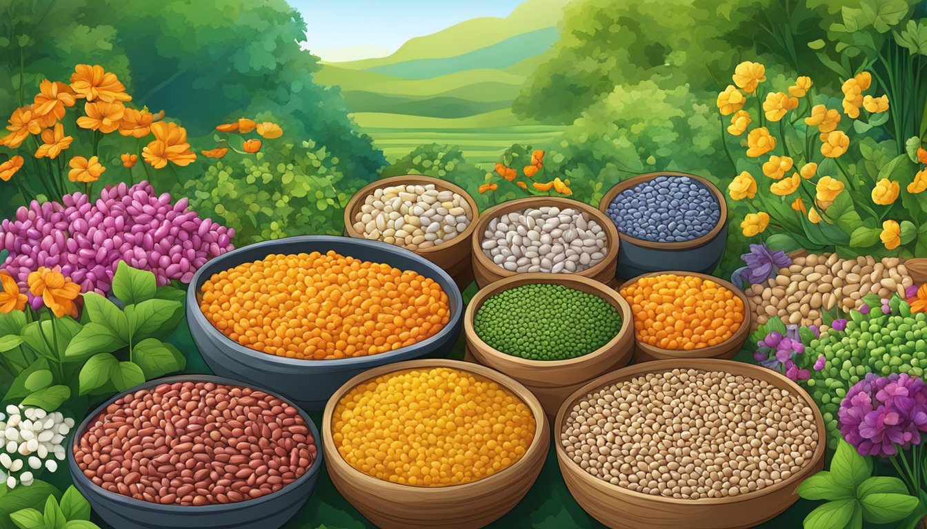 A colorful array of beans and lentils arranged in a vibrant, natural setting, surrounded by lush greenery and blooming flowers