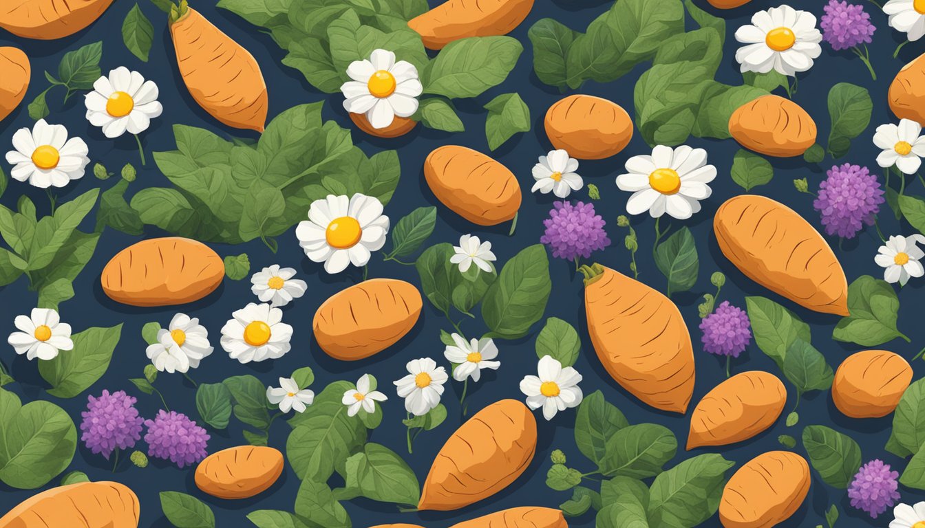 A vibrant scene of sweet potatoes surrounded by blooming flowers and healthy, ripe eggs