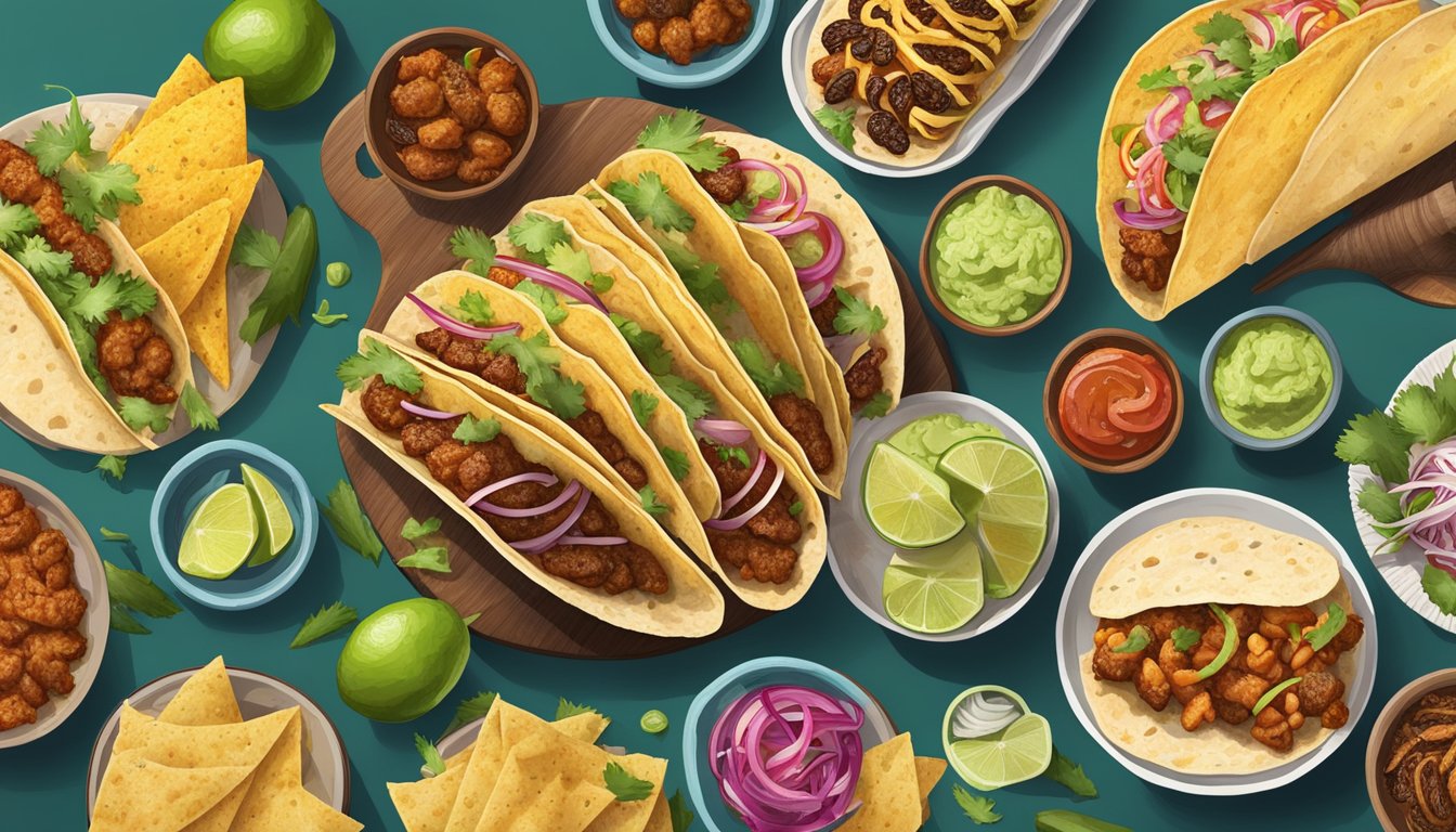 A spread of tacos with various fillings, including indigenous ingredients like cactus and insects, alongside more modern additions like al pastor and fish