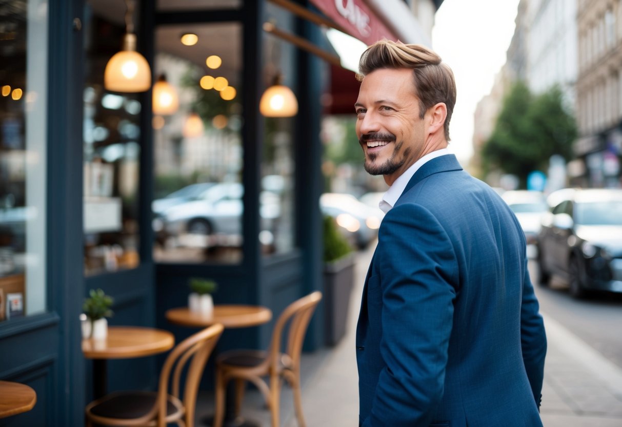 Um homem sorrindo enquanto se afasta de um café, olhando para trás sobre o ombro.