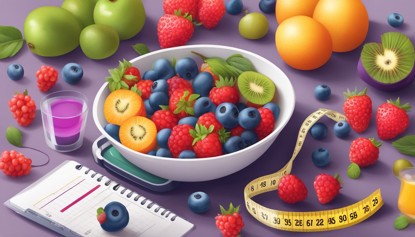 A variety of colorful berries arranged on a table with a measuring tape and a scientific study on belly fat