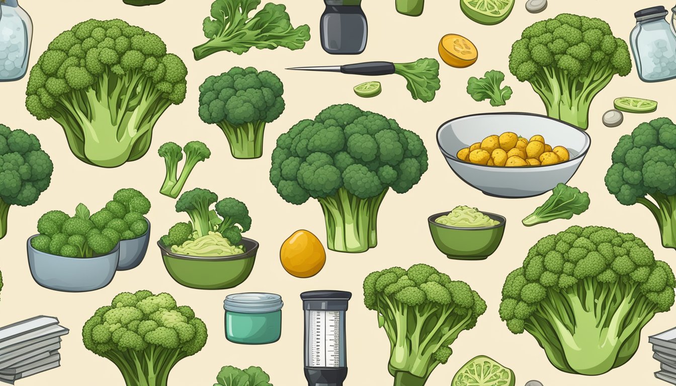 A variety of broccoli dishes surrounded by scientific studies and a measuring tape