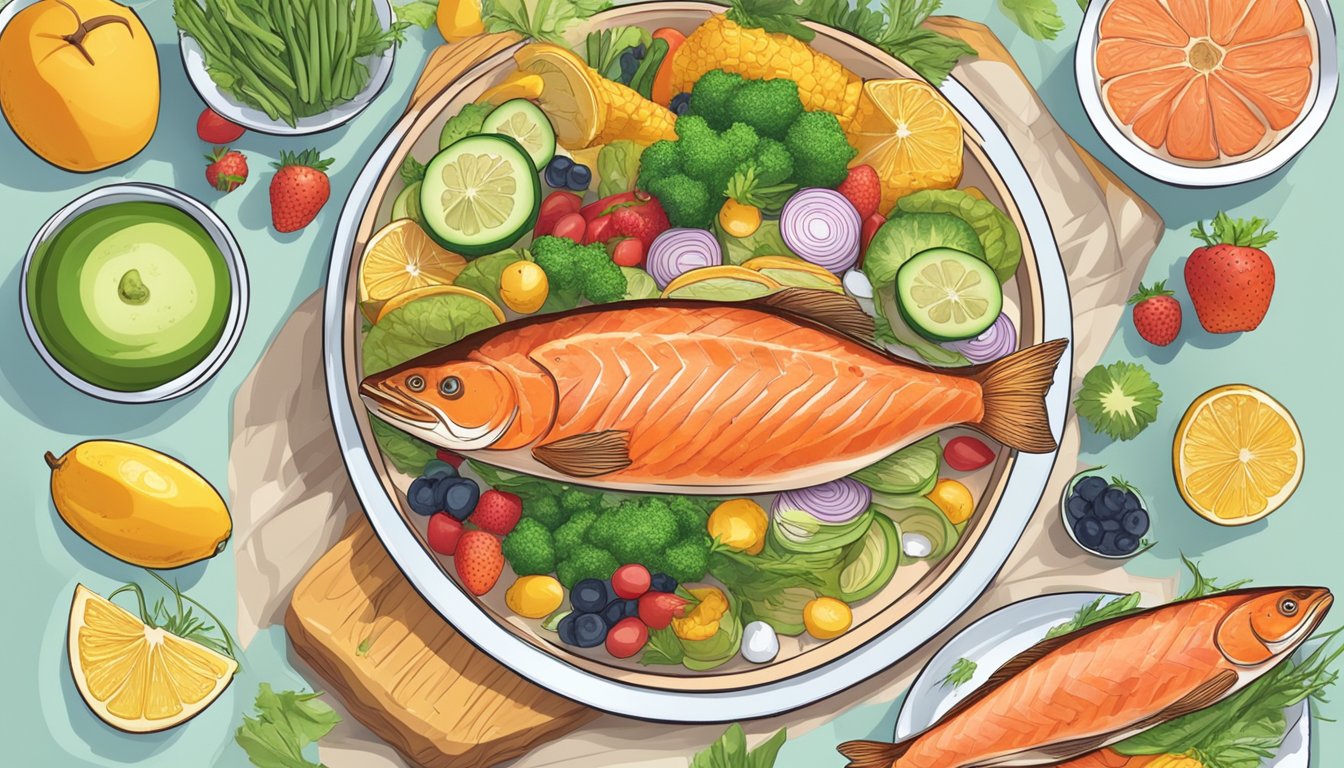 A plate of assorted salmon dishes surrounded by colorful fruits and vegetables, with a scientific research paper on belly fat in the background